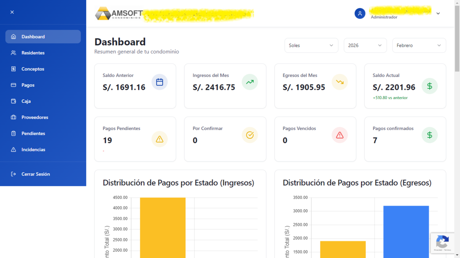 Vista del dashboard con estadísticas del sistema AMSOFT Condominios