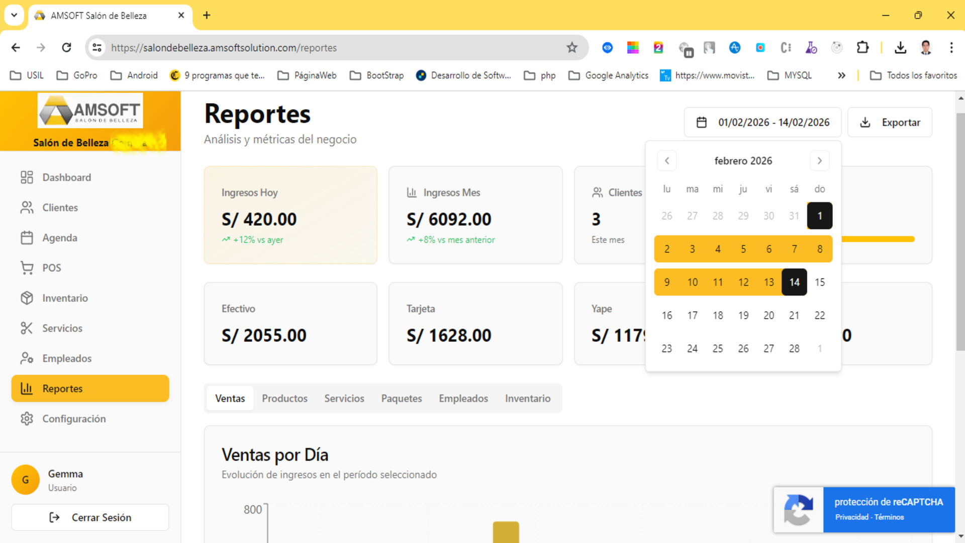 Vista del dashboard con KPIs de ventas y citas del sistema AMSOFT Salón de Belleza - Barbería