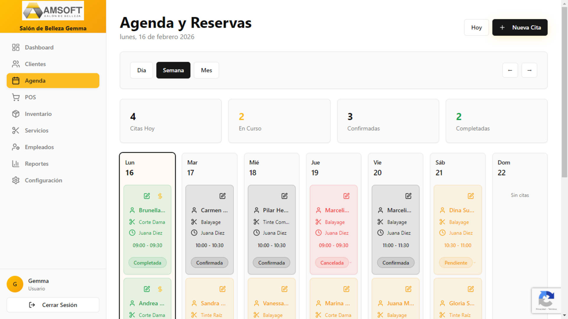 Vista de agenda semanal